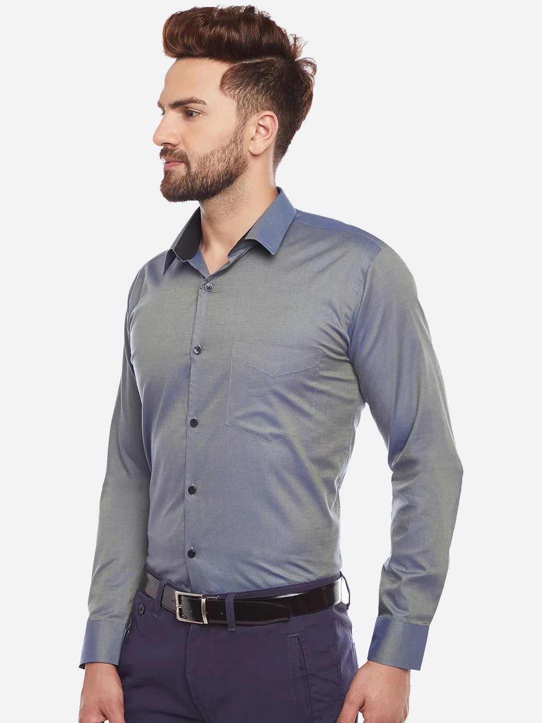 Men Green Slim Fit Solid Double Tone Slim Fit Formal Shirt