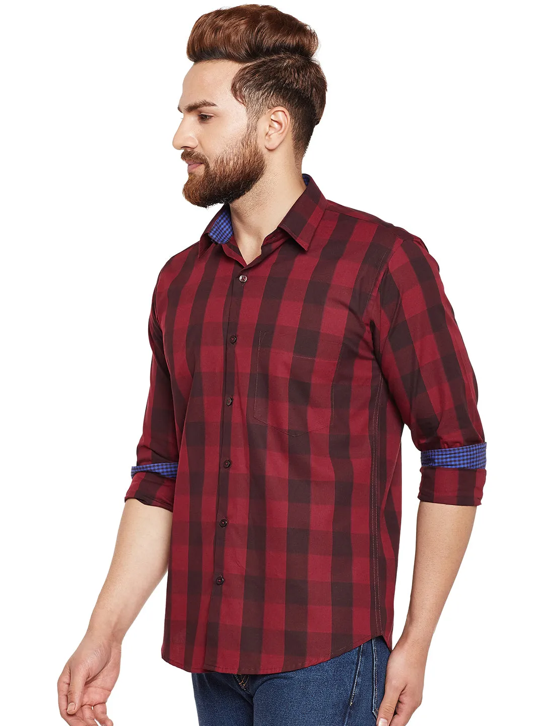 Men Maroon Buffalo Checked Pure Cotton Slim Fit Casual Shirt
