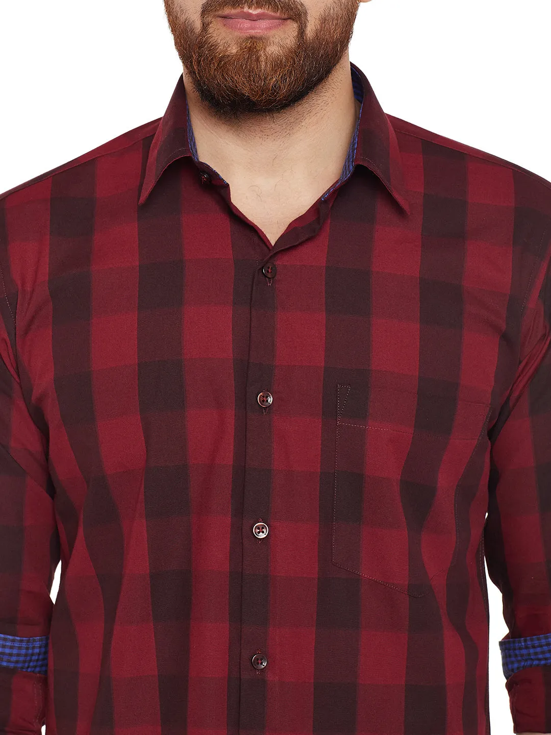 Men Maroon Buffalo Checked Pure Cotton Slim Fit Casual Shirt