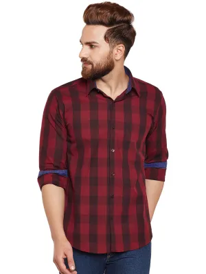 Men Maroon Buffalo Checked Pure Cotton Slim Fit Casual Shirt