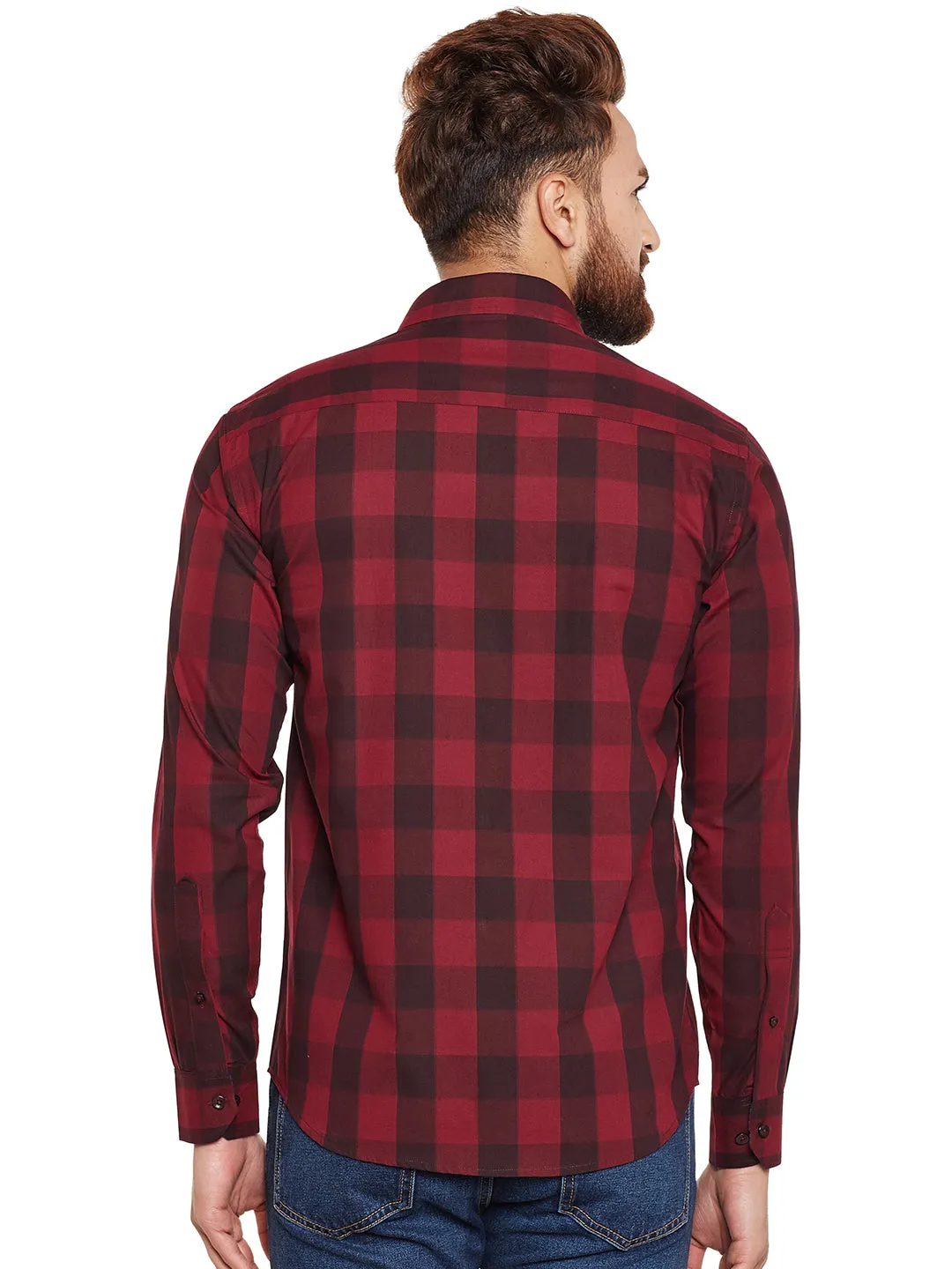 Men Maroon Buffalo Checked Pure Cotton Slim Fit Casual Shirt