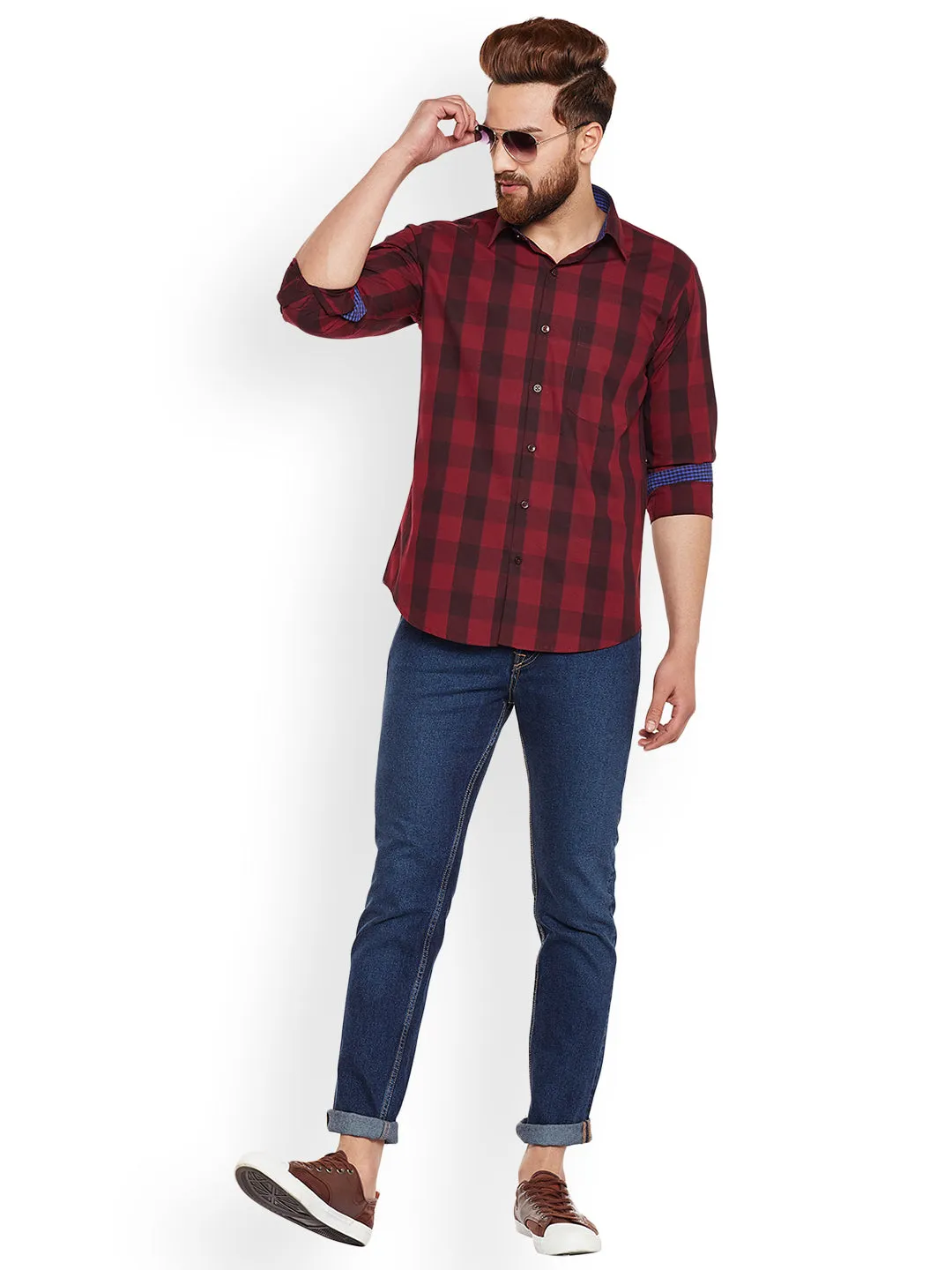 Men Maroon Buffalo Checked Pure Cotton Slim Fit Casual Shirt