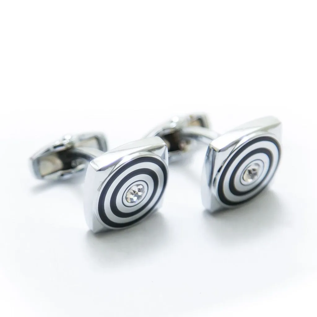 Mens Cufflinks – Square Stainless Steel With Black Design & Diamond
