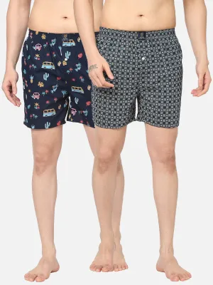 Men's Multicolor, 100% Cotton, Printed, Regular Fit, Inner Elastic, Mid-Rise, Boxers -  Pack Of 2
