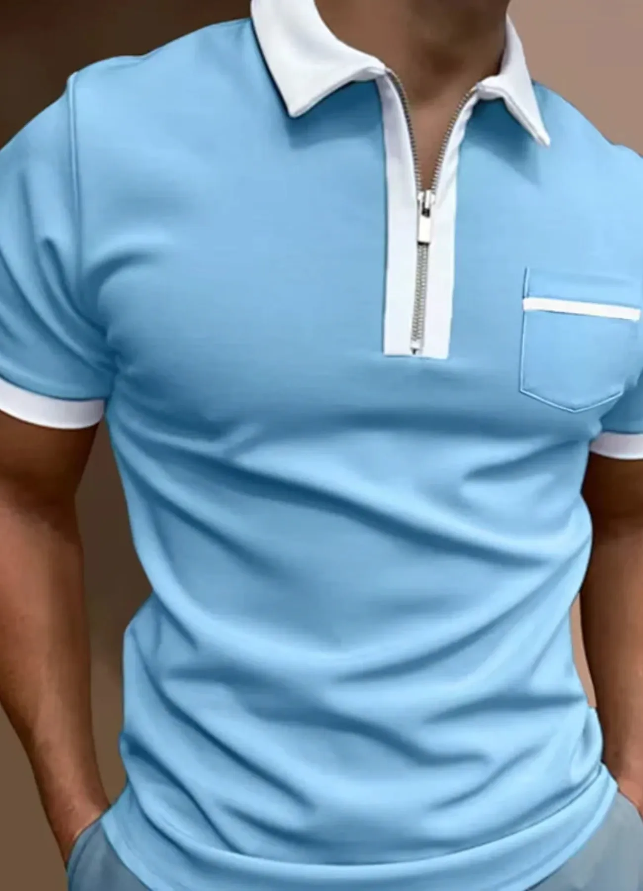 Men's polo shirt casual attire with zip-up design - short sleeve top with chest pocket for weekend wear