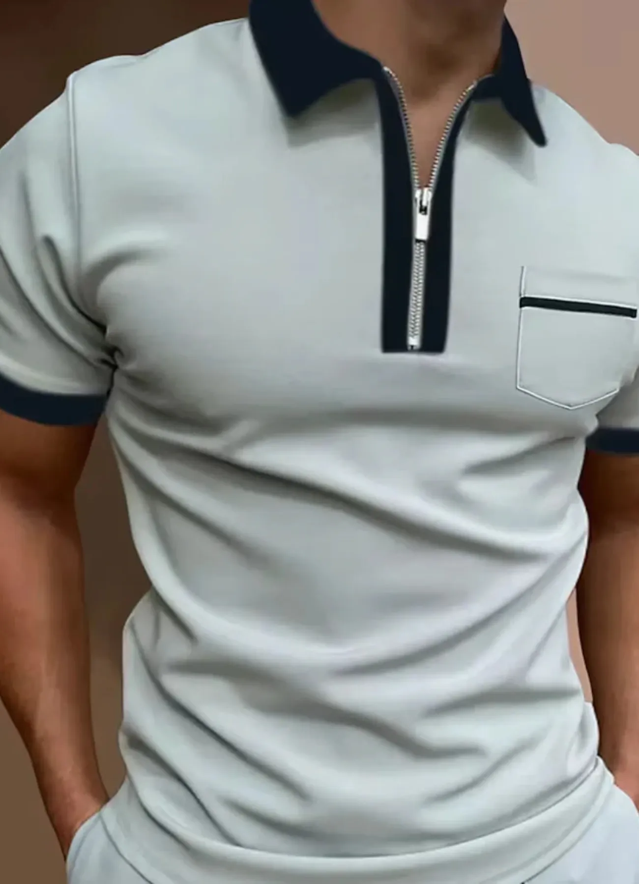 Men's polo shirt casual attire with zip-up design - short sleeve top with chest pocket for weekend wear
