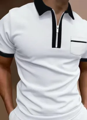 Men's polo shirt casual attire with zip-up design - short sleeve top with chest pocket for weekend wear