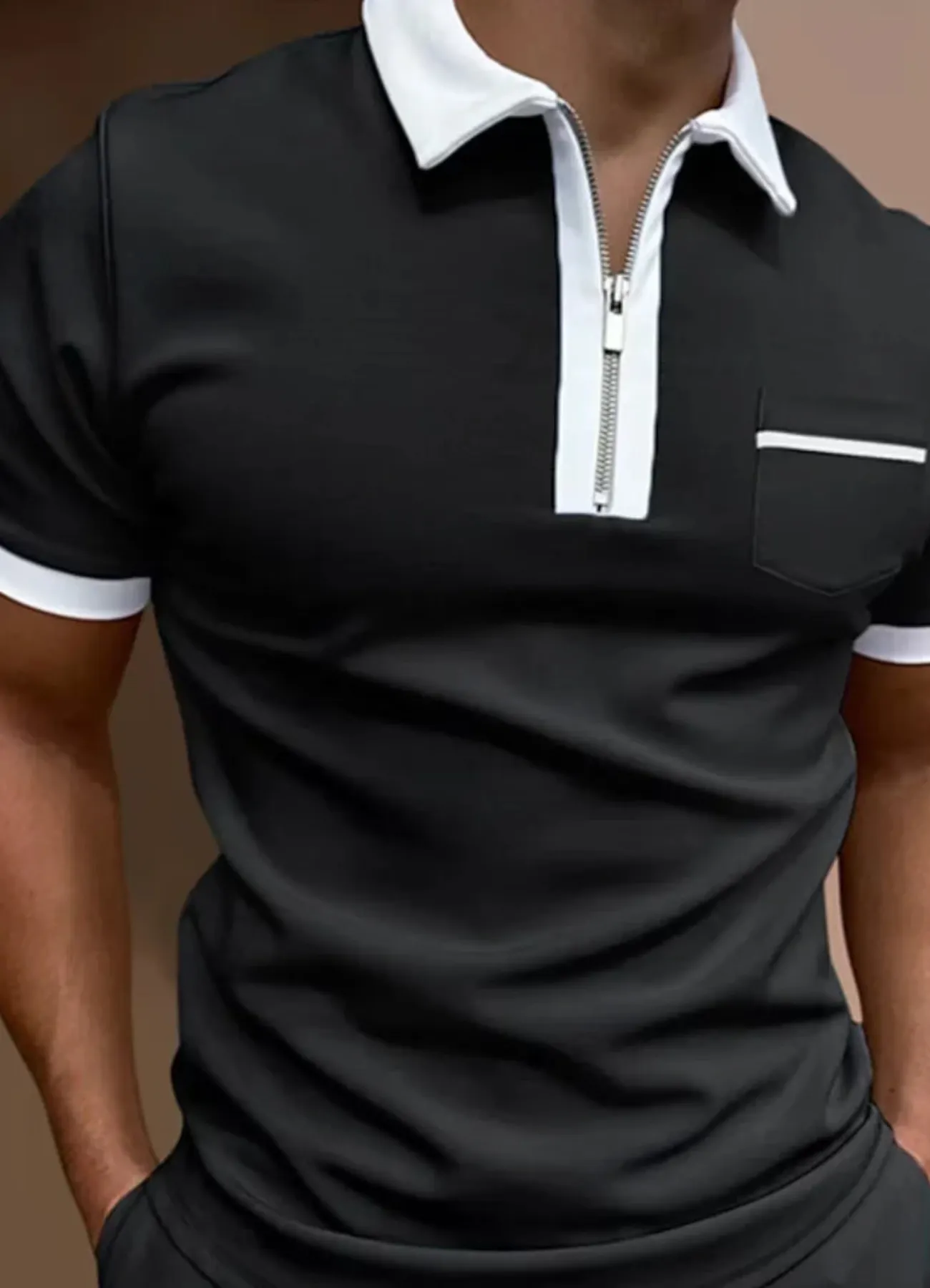 Men's polo shirt casual attire with zip-up design - short sleeve top with chest pocket for weekend wear