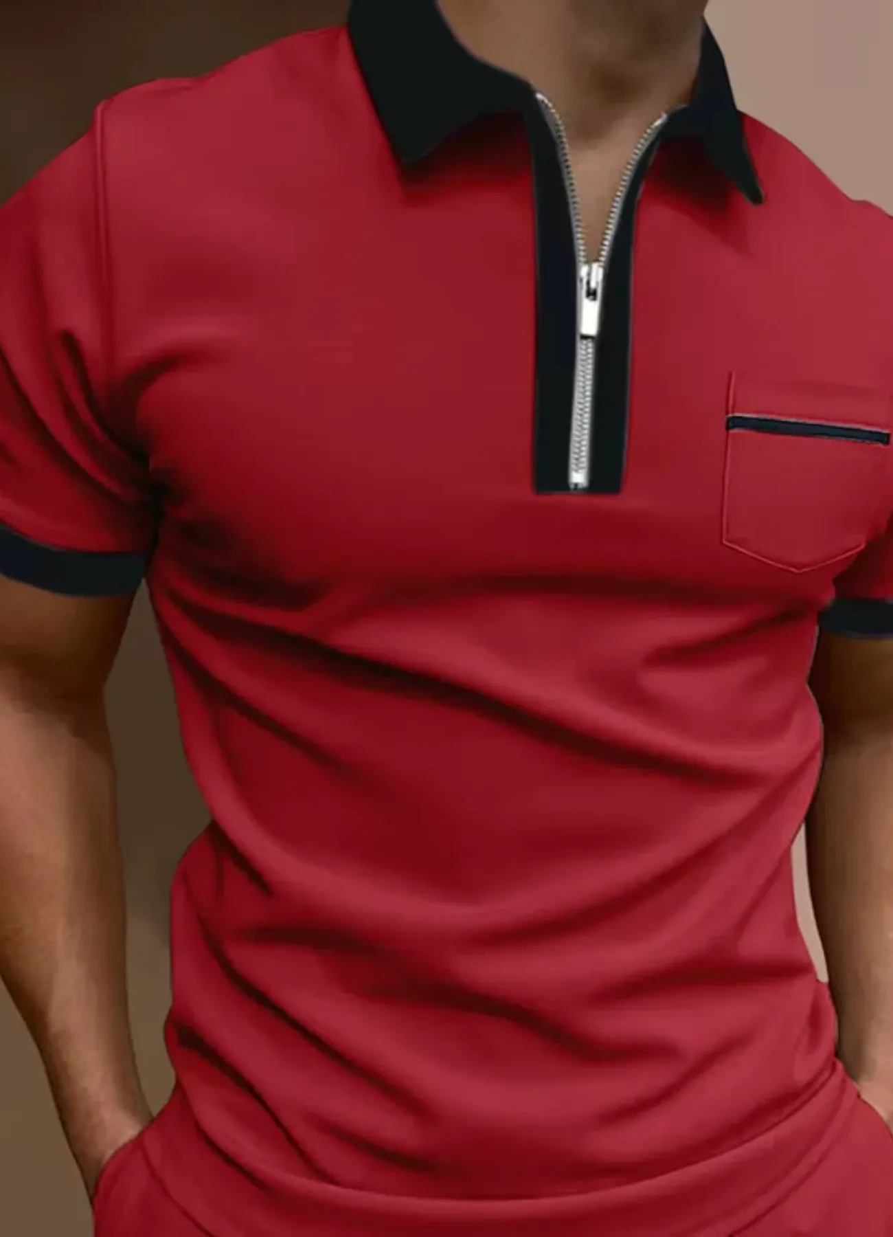 Men's polo shirt casual attire with zip-up design - short sleeve top with chest pocket for weekend wear
