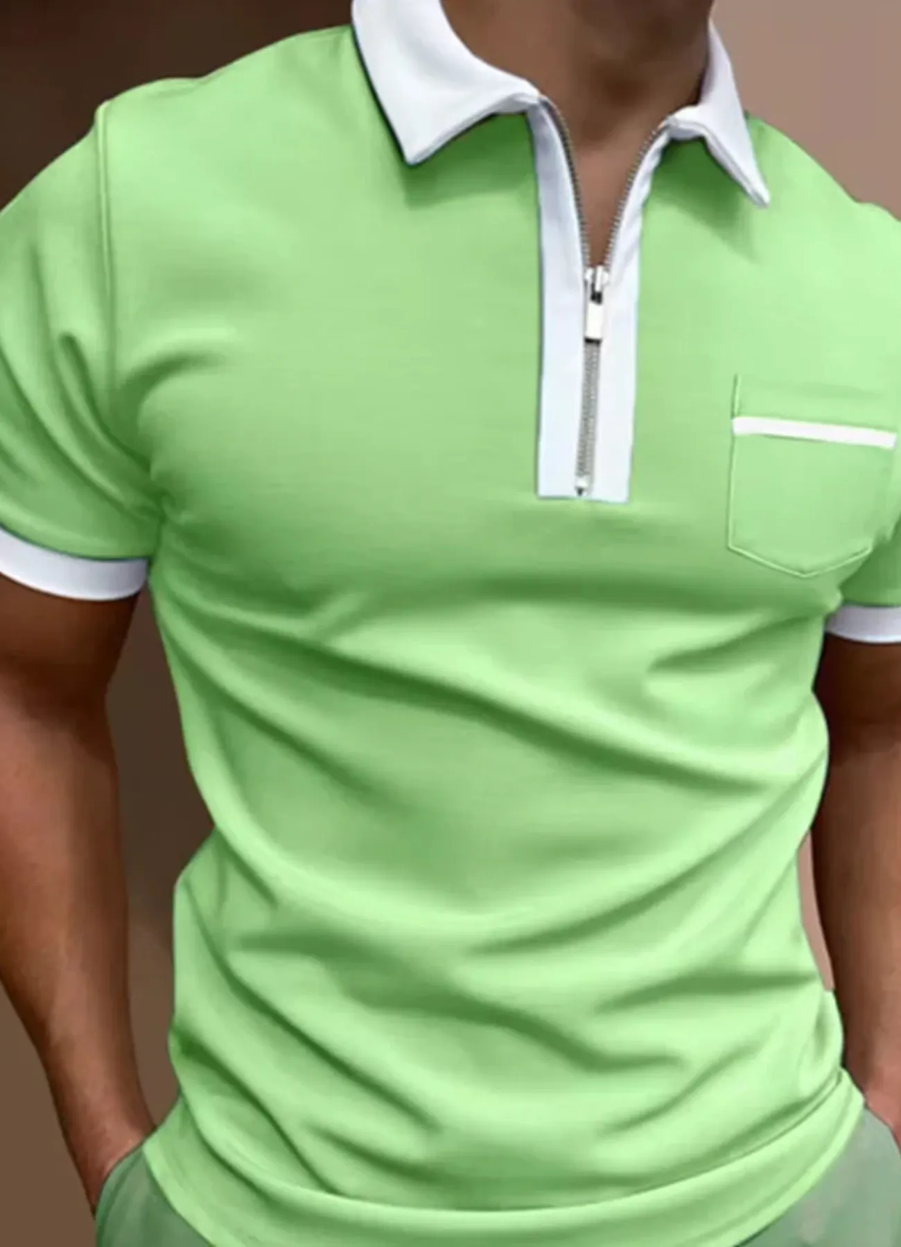 Men's polo shirt casual attire with zip-up design - short sleeve top with chest pocket for weekend wear