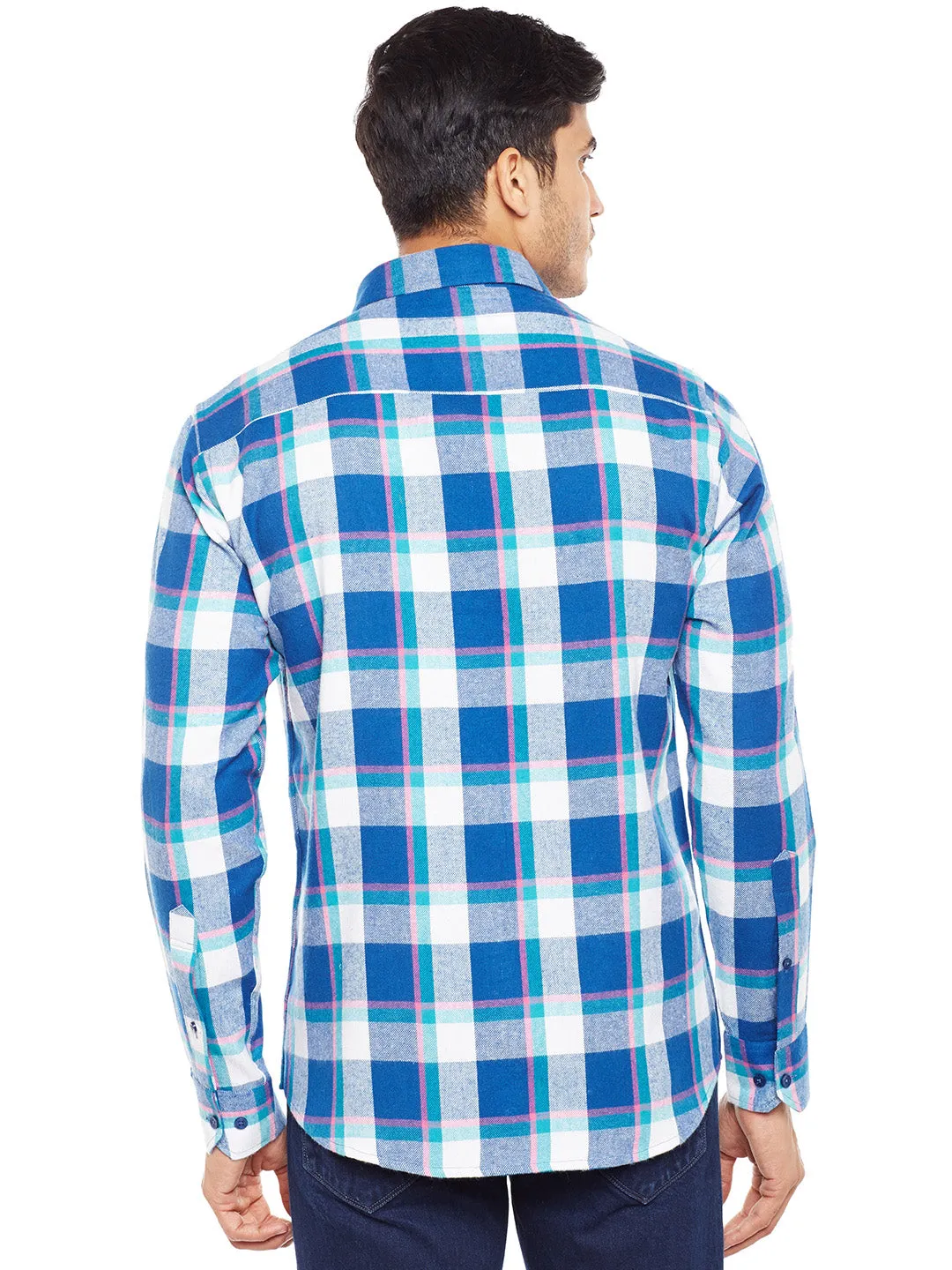 MenTurquoise Blue Checked Pure Cotton Slim Fit Casual Shirt