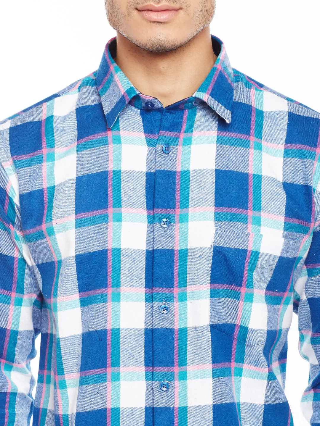 MenTurquoise Blue Checked Pure Cotton Slim Fit Casual Shirt