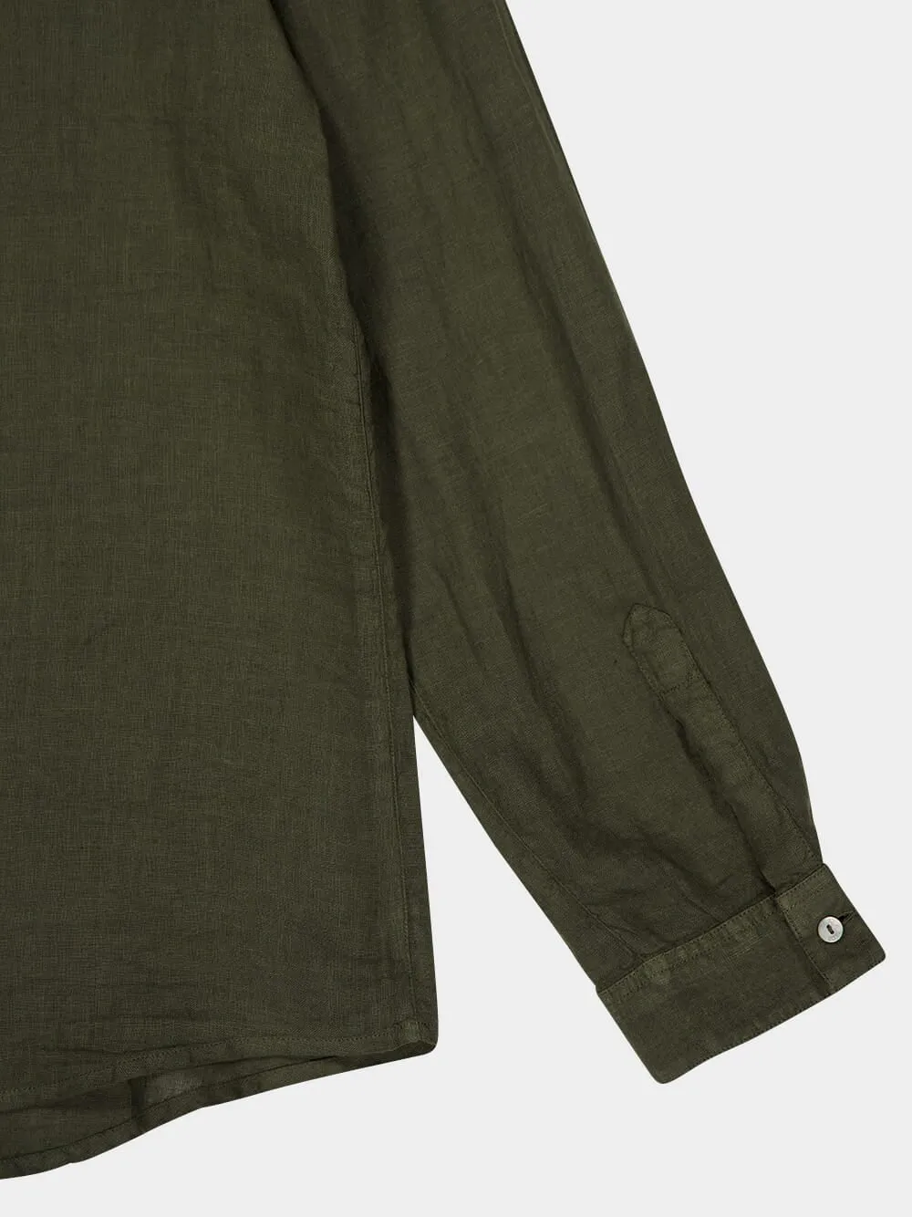 Military Green Linen Button-Up Shirt