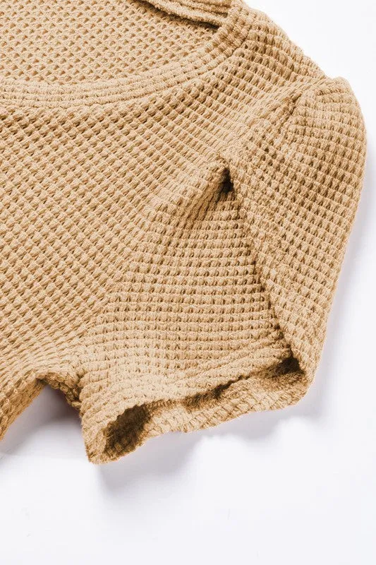 Ming Tulip Sleeve Waffle Knit Top – V-Neck, Casual, Khaki Beige