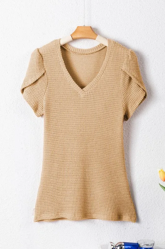 Ming Tulip Sleeve Waffle Knit Top – V-Neck, Casual, Khaki Beige