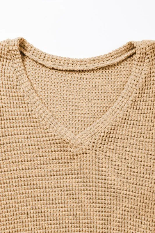 Ming Tulip Sleeve Waffle Knit Top – V-Neck, Casual, Khaki Beige
