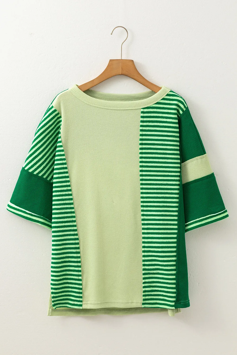 Mint Green Striped Patchwork Textured Colorblock Knit Top