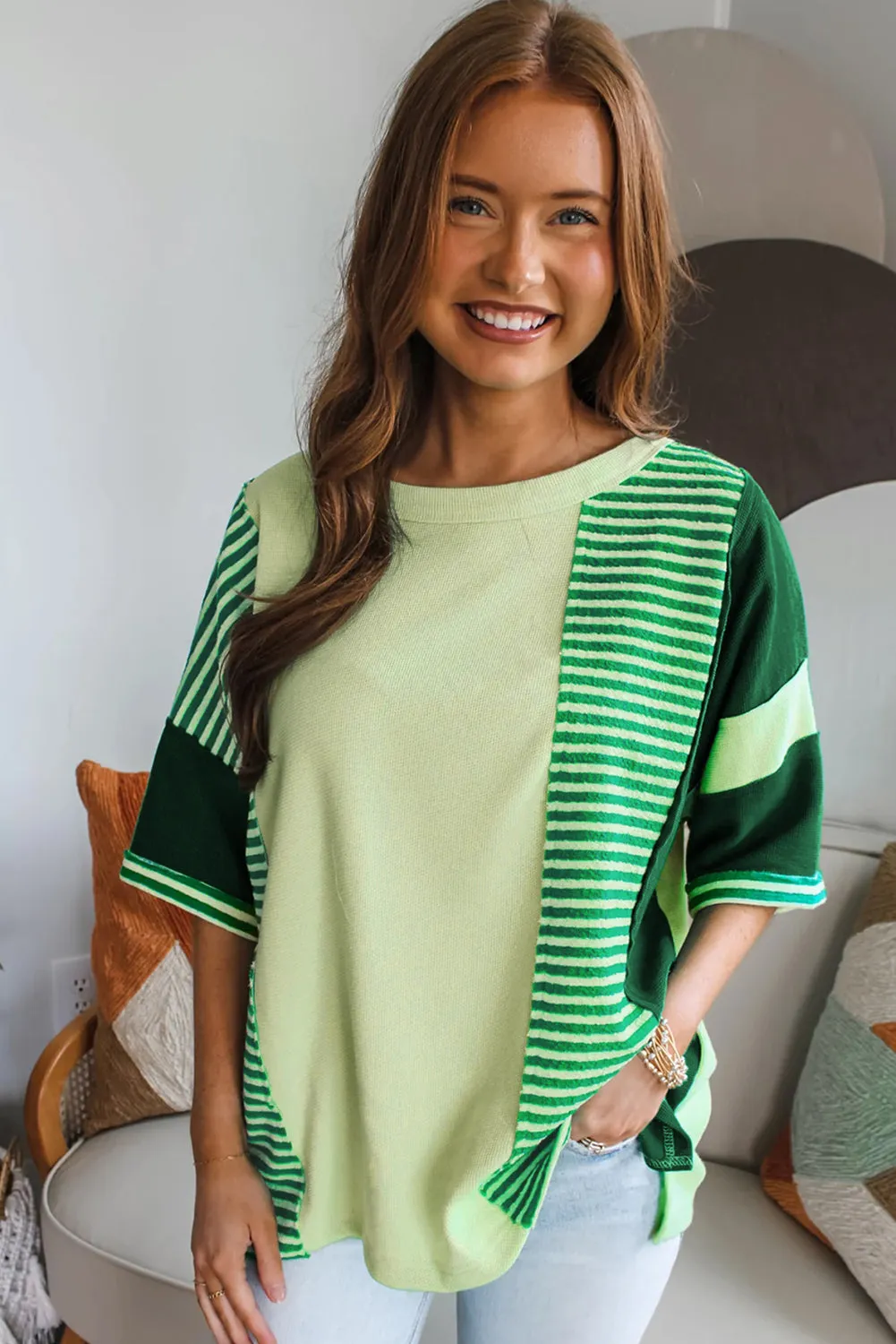 Mint Green Striped Patchwork Textured Colorblock Knit Top