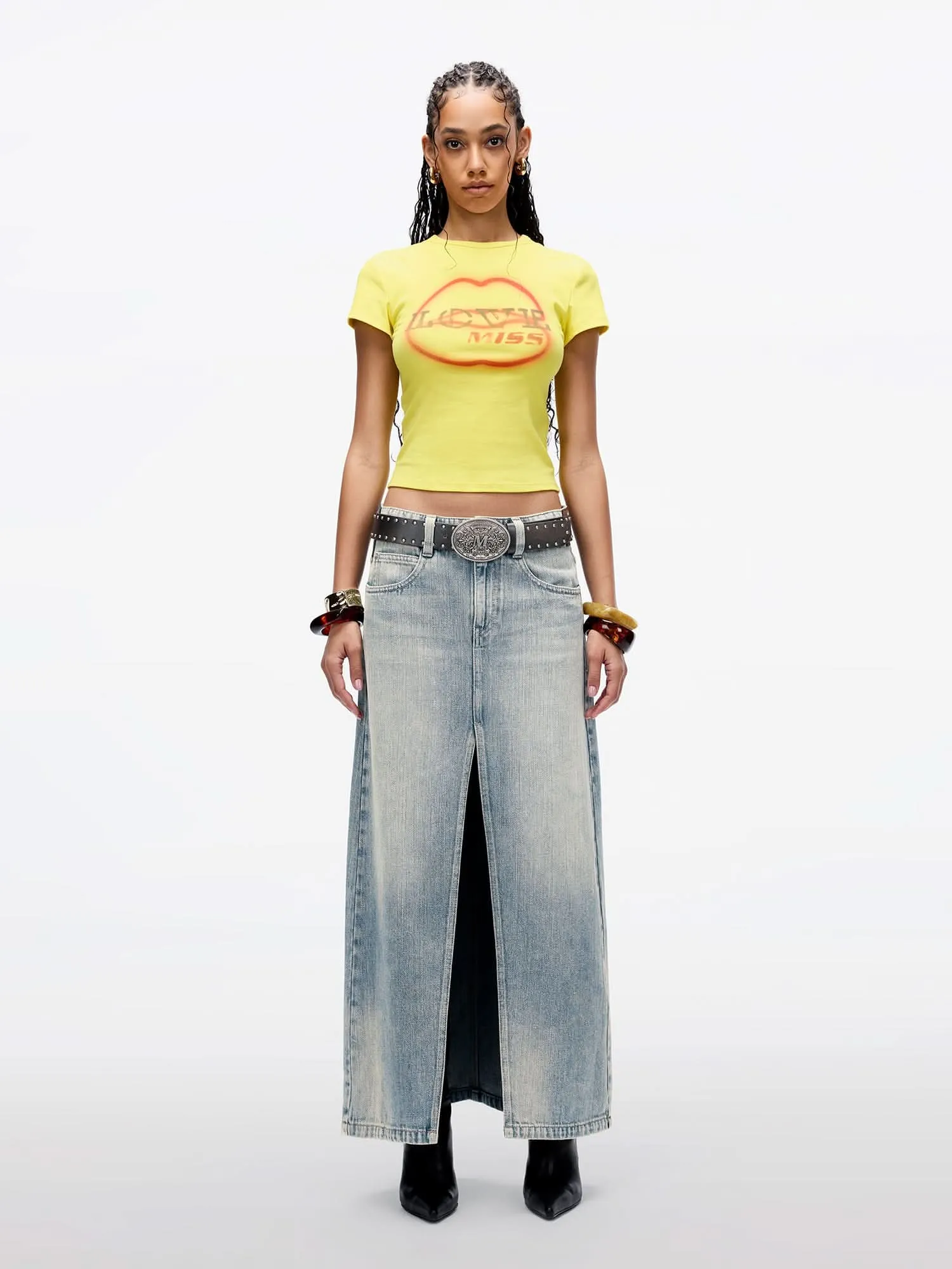 Multi-Patch Slit Denim Skirt