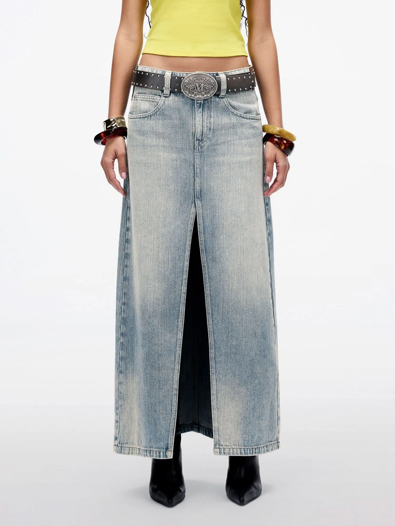 Multi-Patch Slit Denim Skirt