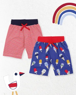 Multicoloured Happy Ice Cream And Stripe Print Short - 2 Pack