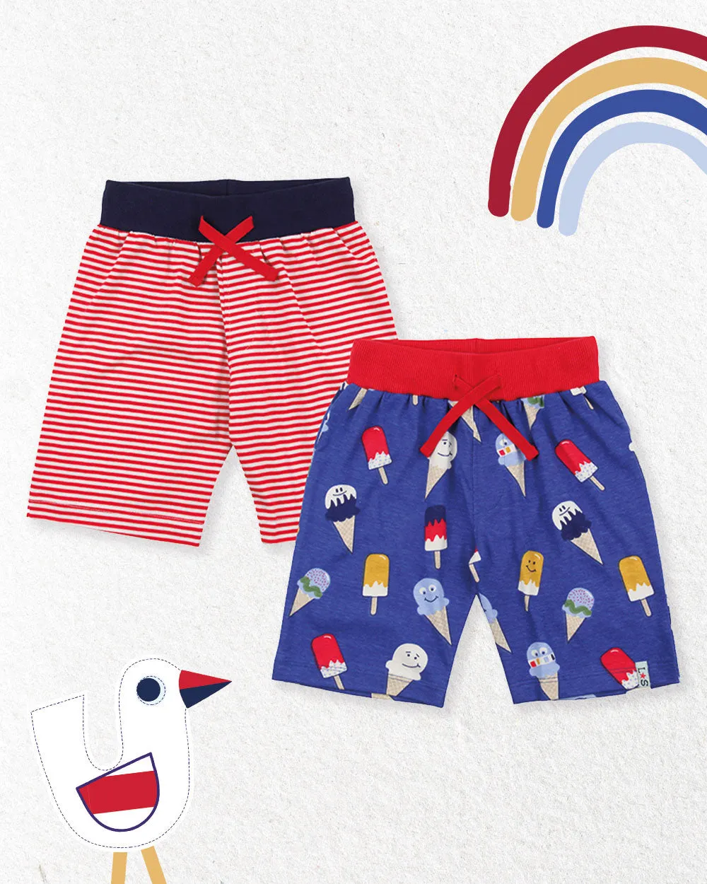Multicoloured Happy Ice Cream And Stripe Print Short - 2 Pack