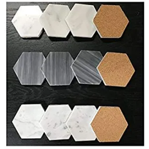 Natural Stone Real Italian Marble Hexagonal Coasters with Cork Backing (10, THASSOS WHITE)