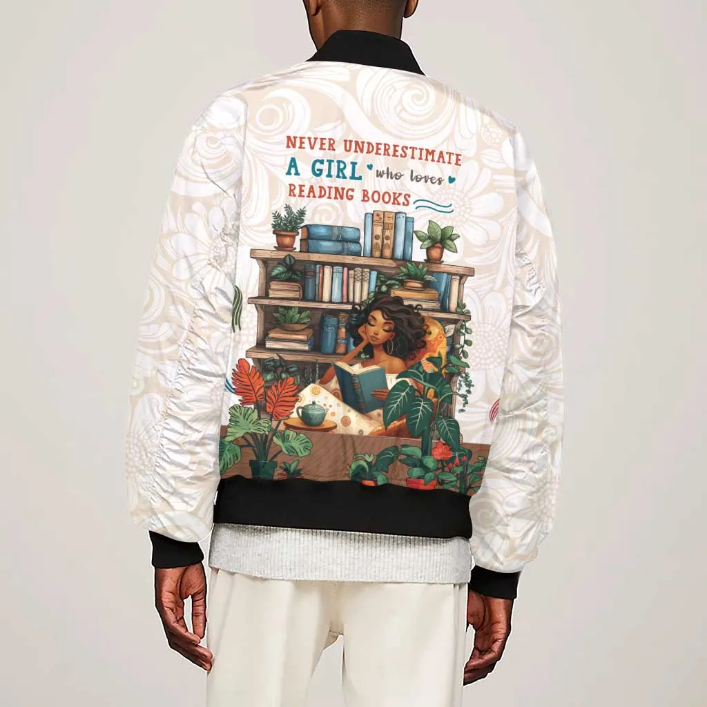 Never Underestimate A Girl Who Loves Reading Books Sleeve Zip Bomber Jacket African Book Lovers DT04