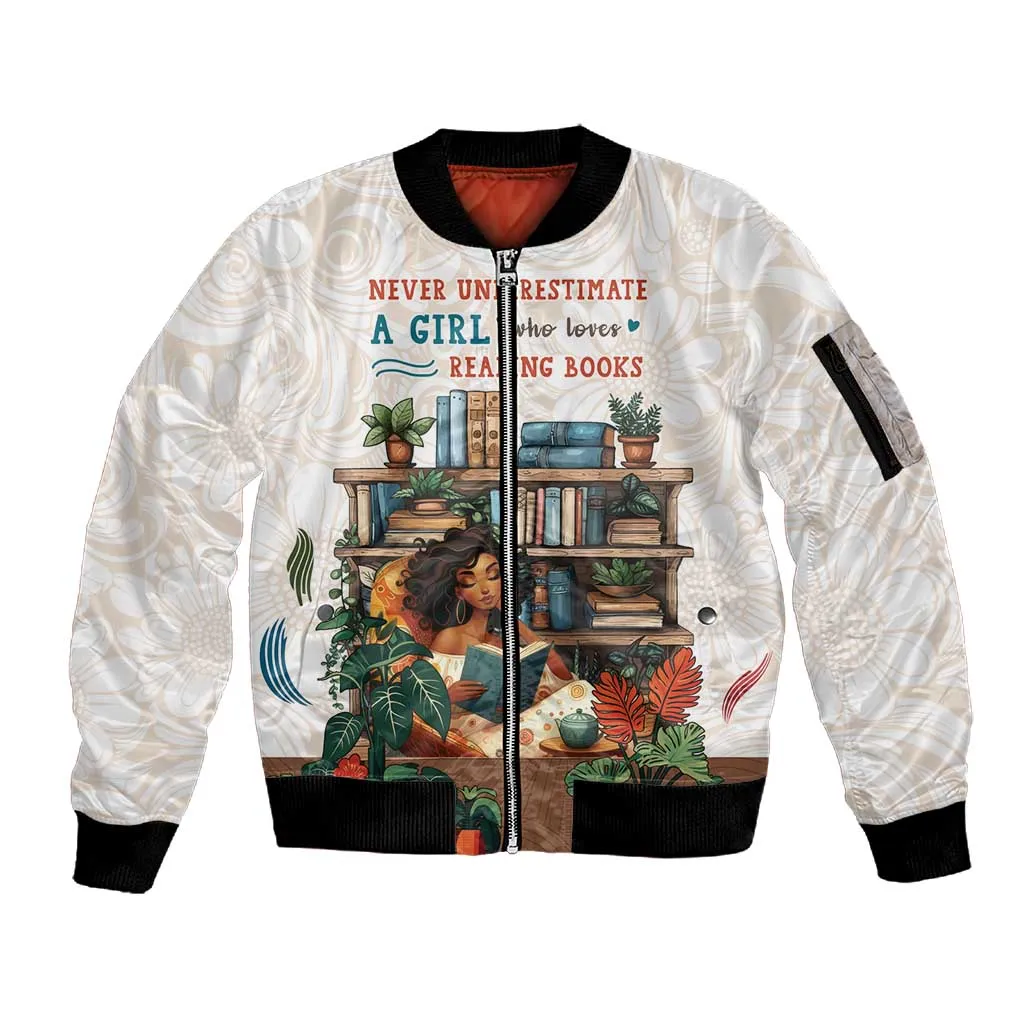 Never Underestimate A Girl Who Loves Reading Books Sleeve Zip Bomber Jacket African Book Lovers DT04