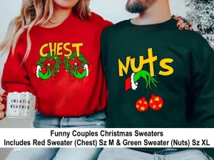 New Chest Nuts Couples Matching Sweatshirts! Includes 1 of each sweater! Red (Chest) Size M, Green (Nuts) Sz XL