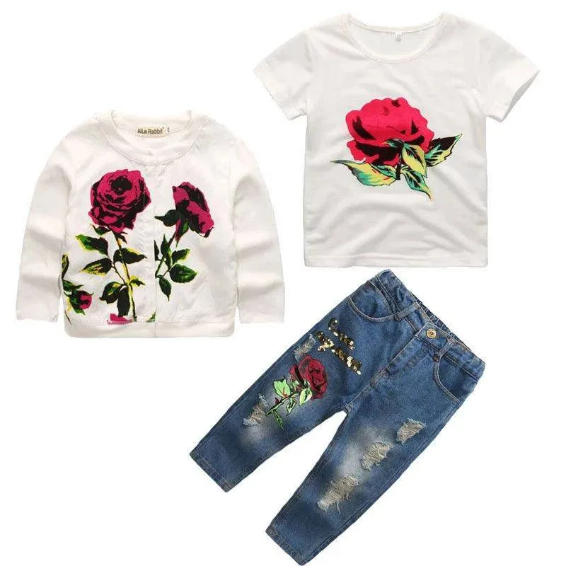 Newest Girls Rose Jacket Top Jeans Clothes