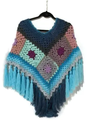 NOT YOUR GRANNY'S PONCHO, granny squares, crochet poncho, blue acrylic yarn, Andrea designs handmade ponchos