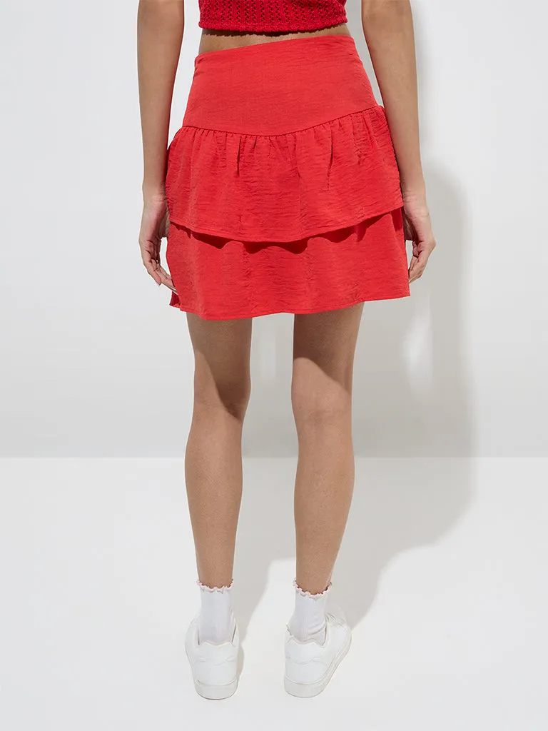 Nuon Red Tiered High-Rise Skirt