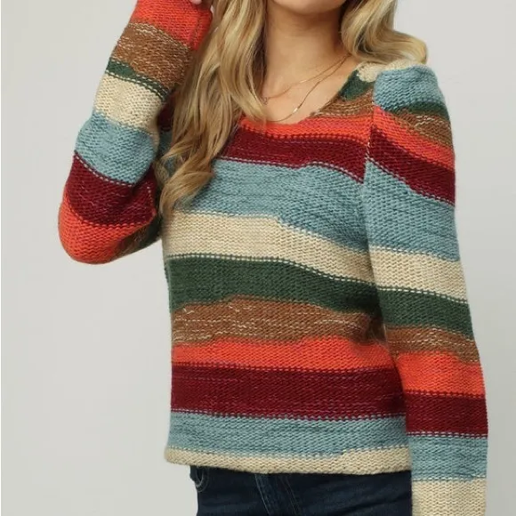 NWT Dear John Brandpull over sweater -stripe multi color sz S &amp; M puffy sleeve