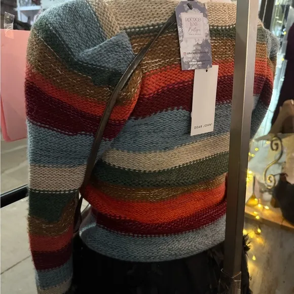 NWT Dear John Brandpull over sweater -stripe multi color sz S &amp; M puffy sleeve
