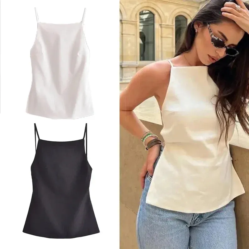 Obsidian Phoenix Backless Crop Top - Black/White, Sleeveless with Thin Straps, Sexy Party Streetwear Summer Style