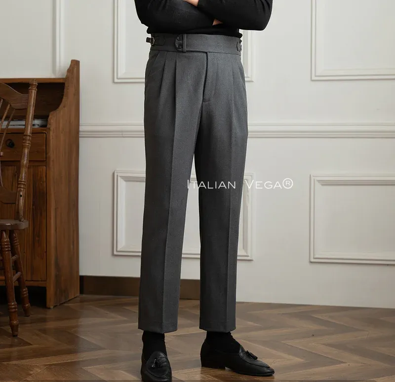 Old Money Black Shirt with Grey Herringbone Signature Buttoned Gurkha Pant by ITALIAN VEGA®