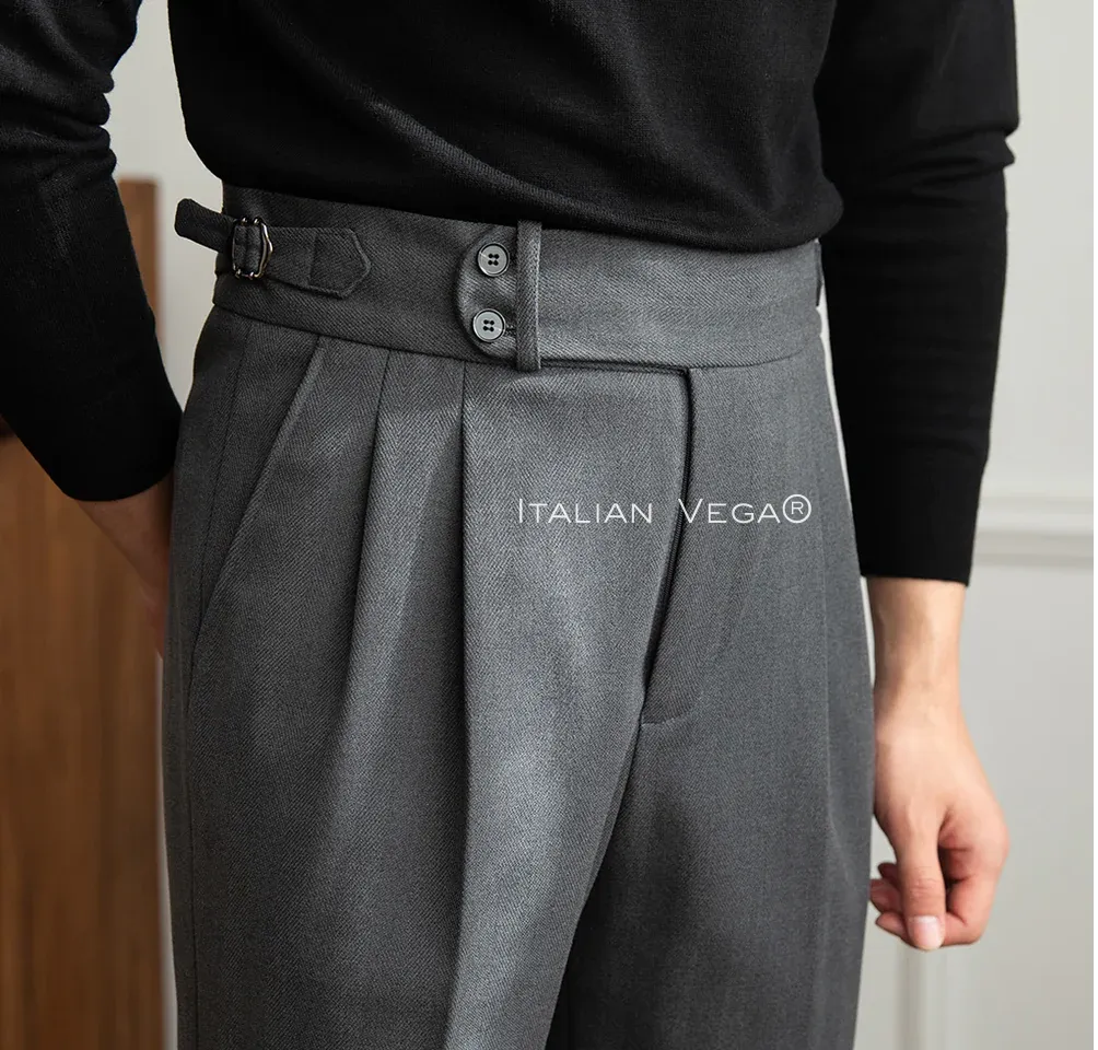 Old Money Black Shirt with Grey Herringbone Signature Buttoned Gurkha Pant by ITALIAN VEGA®