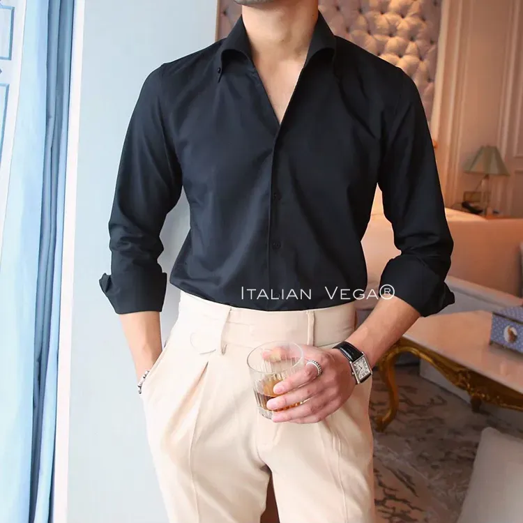 Old Money Black Shirt with Grey Herringbone Signature Buttoned Gurkha Pant by ITALIAN VEGA®