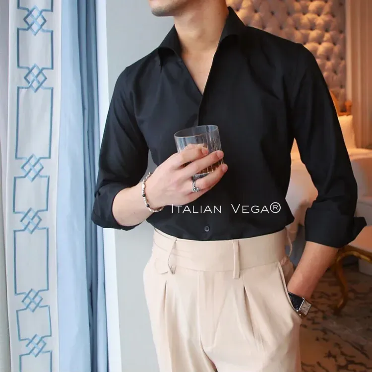 Old Money Black Shirt with Grey Herringbone Signature Buttoned Gurkha Pant by ITALIAN VEGA®