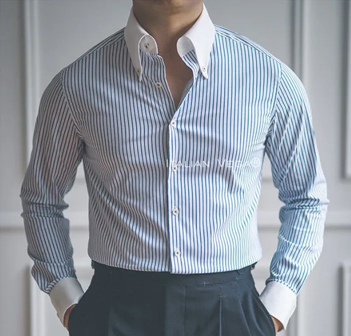 Old Money Classic Stripe Shirt with Ash Grey Signature Buttoned Gurkha Pant by ITALIAN VEGA®