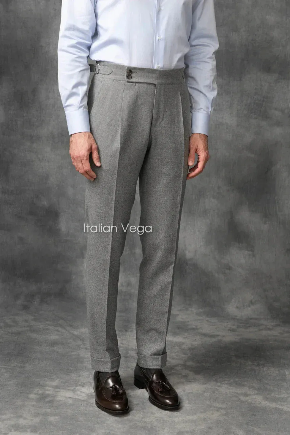 Old Money Crepe Stripe Shirt with Anthracite Flannel Signature Buttoned Gurkha Pant by ITALIAN VEGA®
