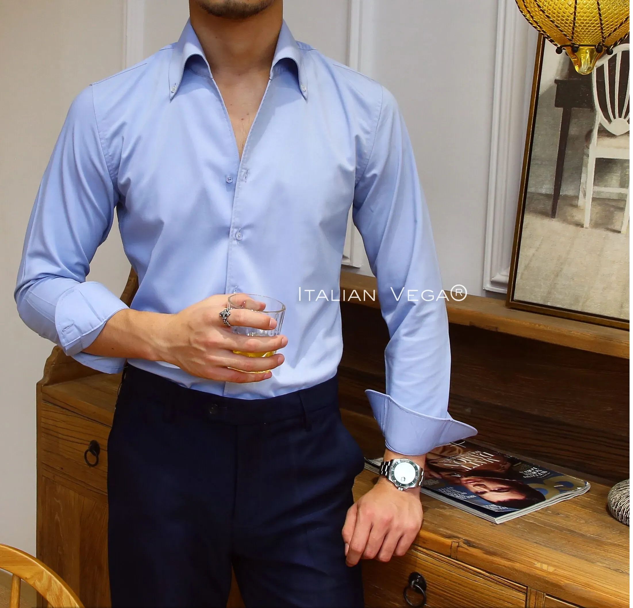 Old Money Powder Blue Shirt with Navy Blue Signature Buttoned Gurkha Pant by ITALIAN VEGA®
