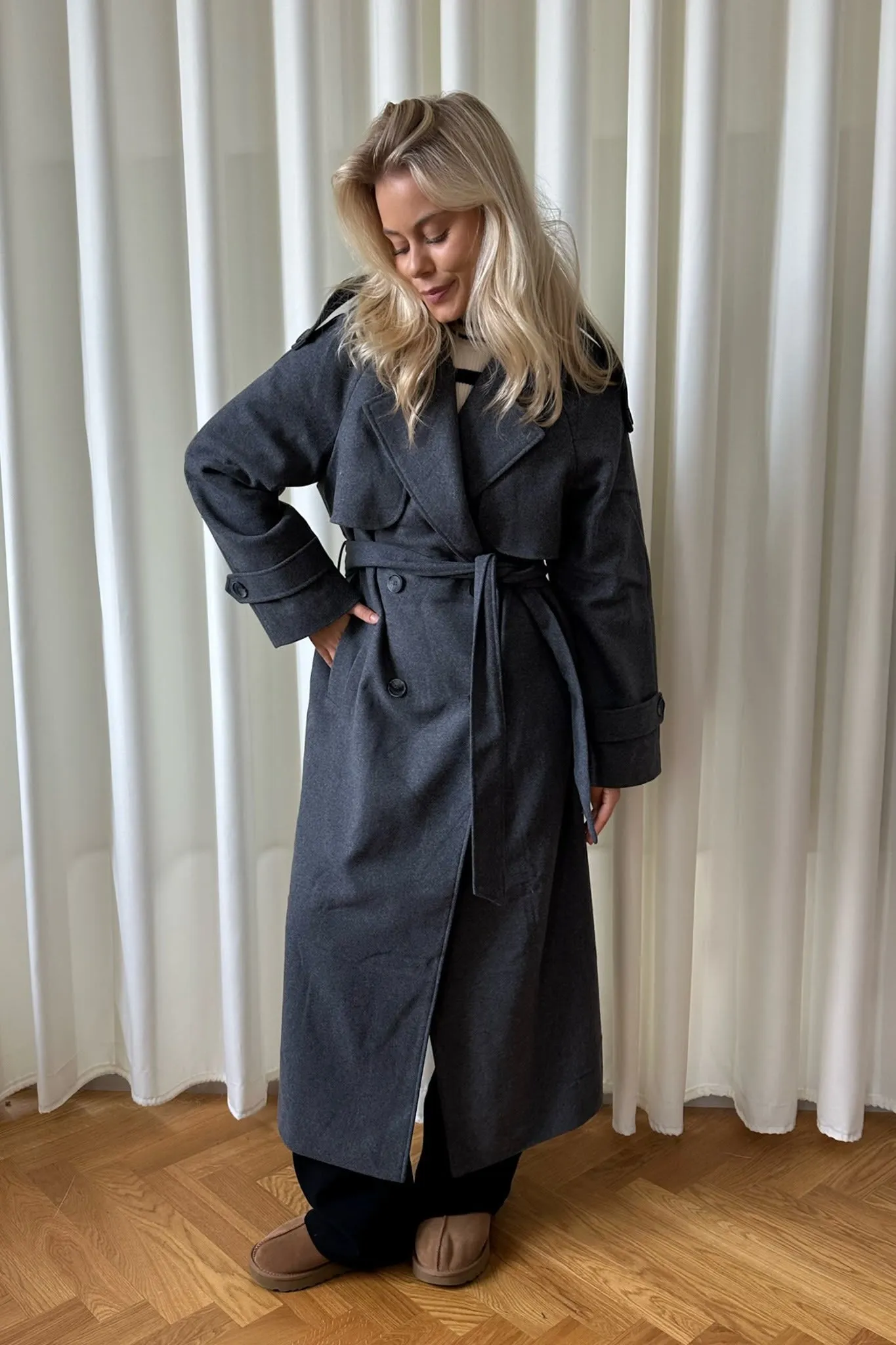 ONLMaisy Uld Trenchcoat - Mørkegrå