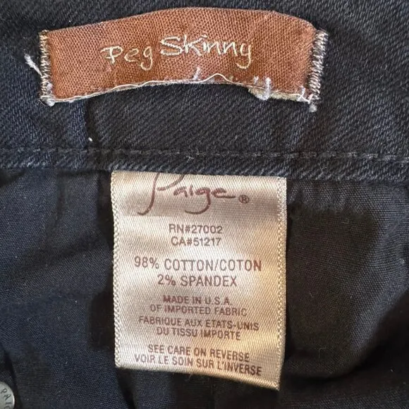 PAIGE Peg Skinny Black Denim Jeans Women’s Size 31