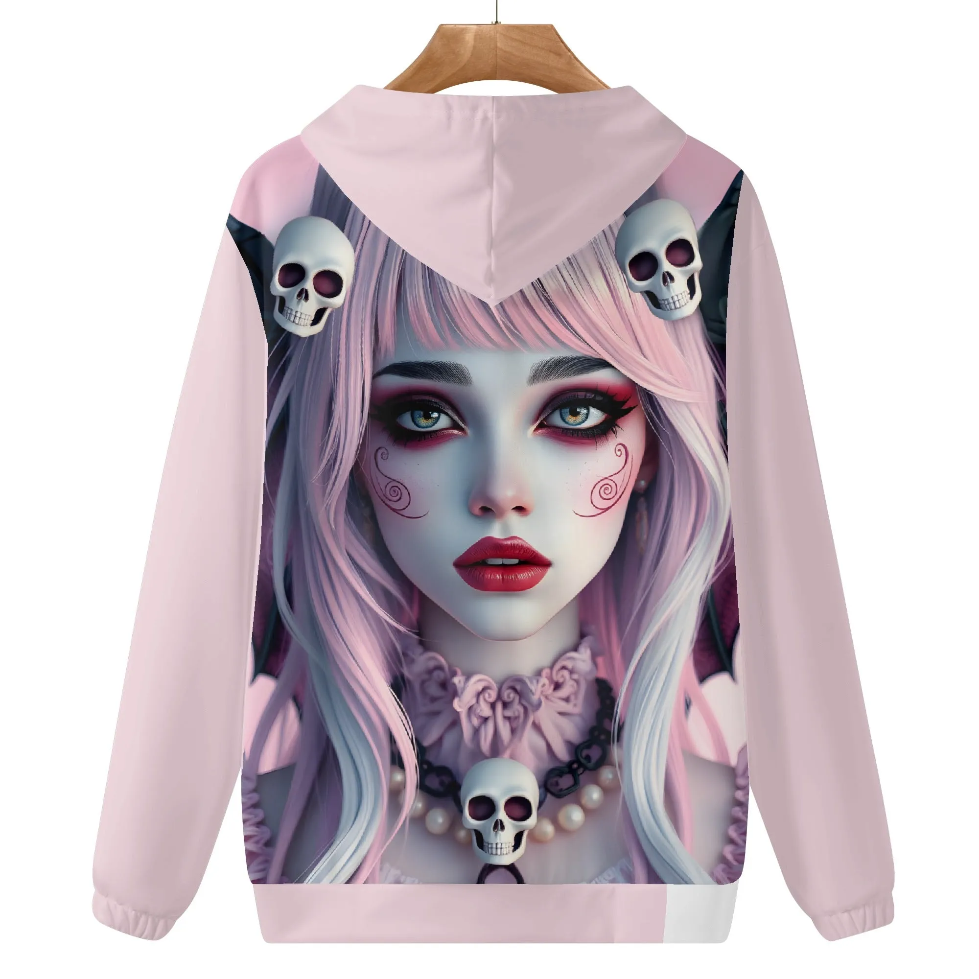 Pastel Pink Goth Hoodie – Lightweight Women’s Skulls & Wings Hoodie