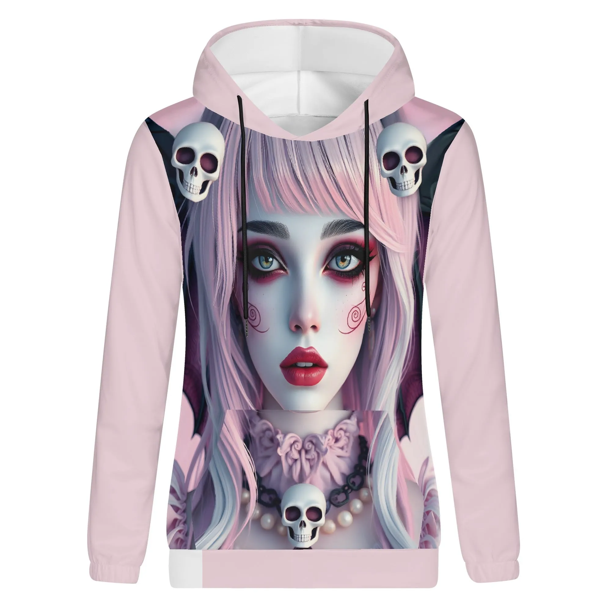 Pastel Pink Goth Hoodie – Lightweight Women’s Skulls & Wings Hoodie