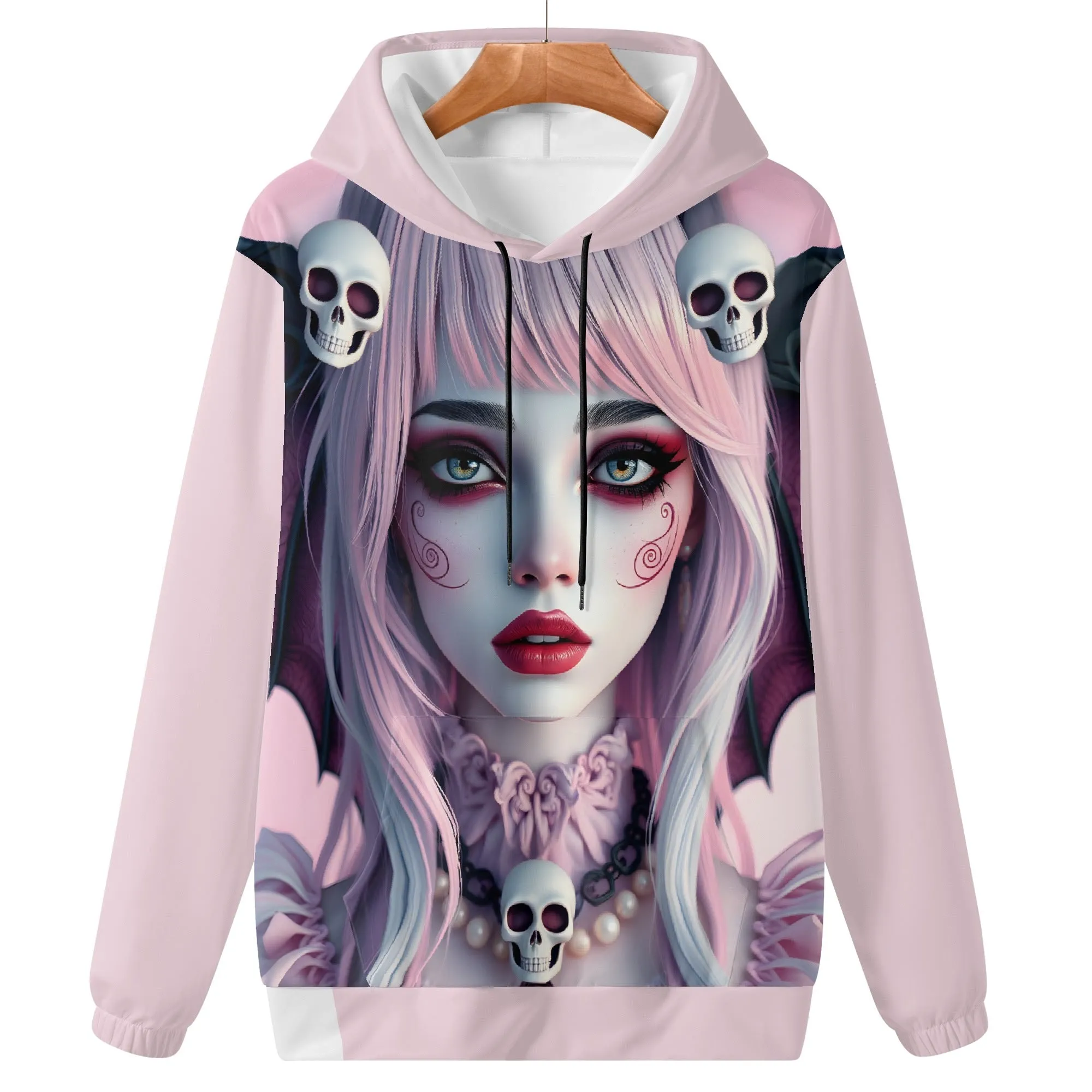 Pastel Pink Goth Hoodie – Lightweight Women’s Skulls & Wings Hoodie