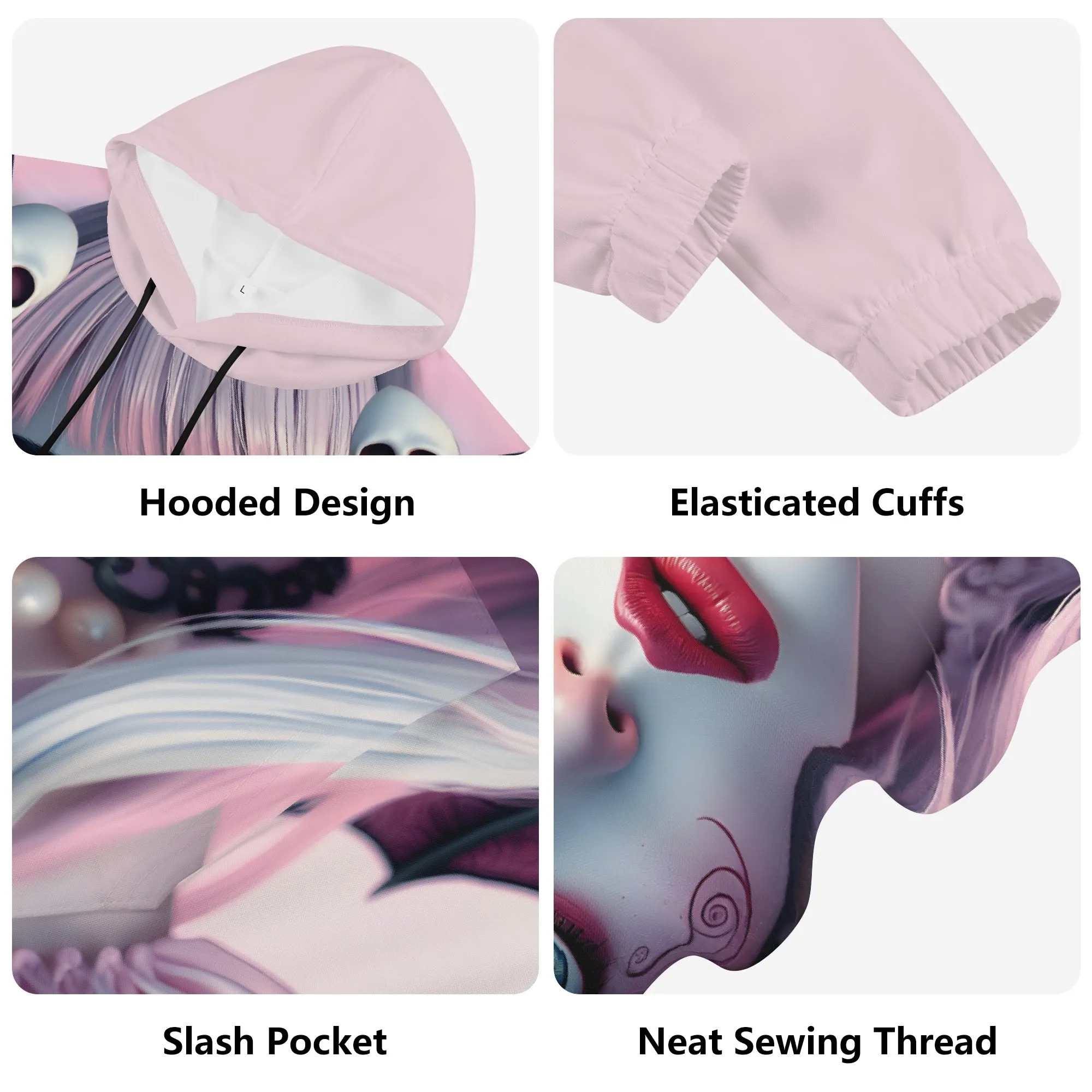 Pastel Pink Goth Hoodie – Lightweight Women’s Skulls & Wings Hoodie