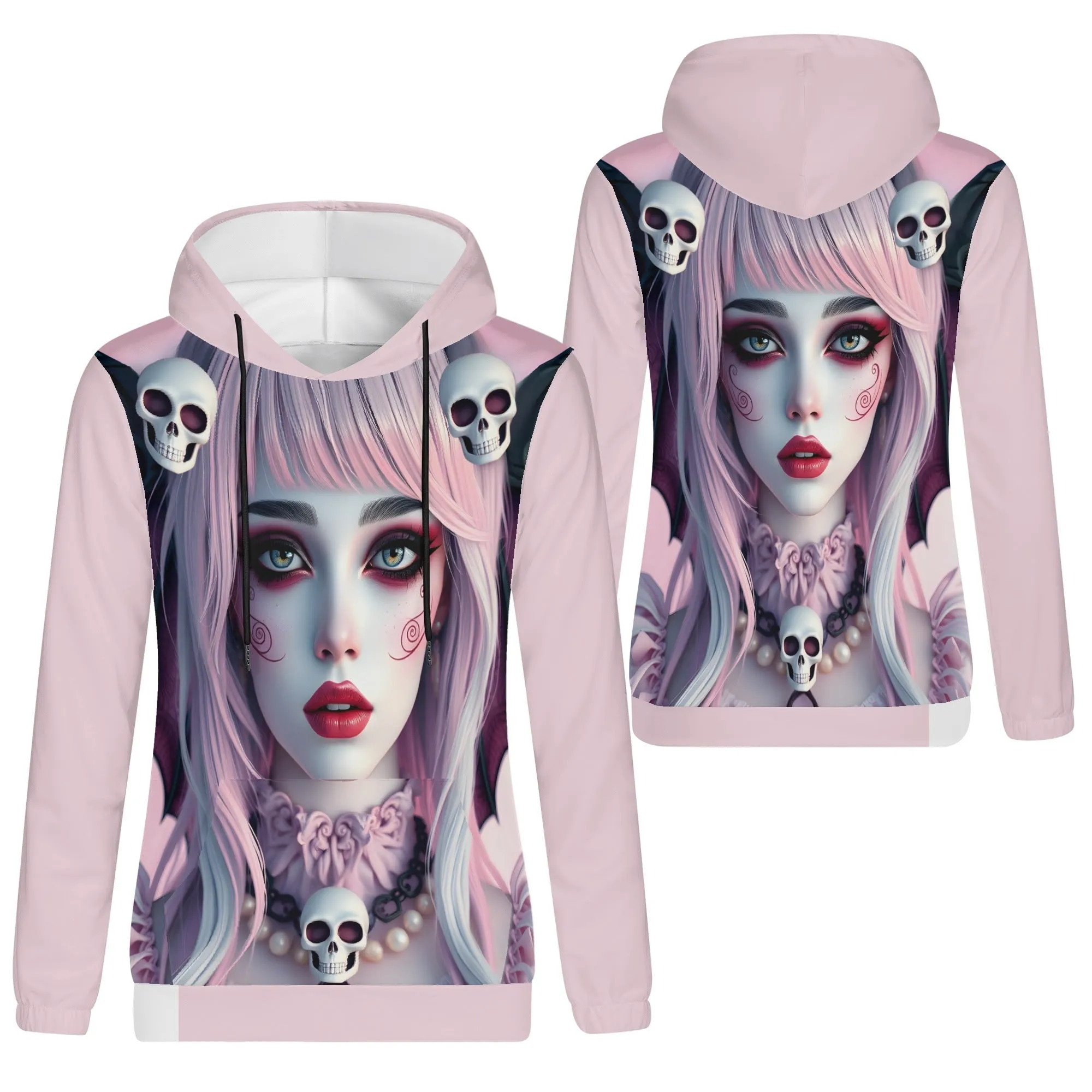 Pastel Pink Goth Hoodie – Lightweight Women’s Skulls & Wings Hoodie